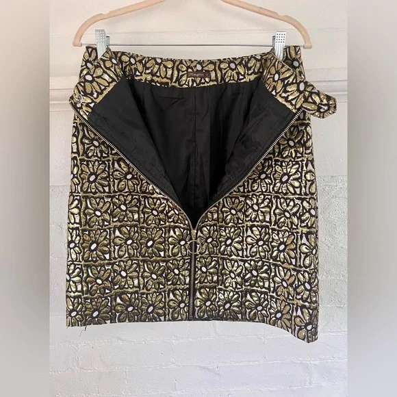 J. McLaughlin Perita Mini Skirt Vintage Daisy Gold Metallic Brocade Zip Front - Picture 6 of 14